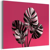 MuchoWow Aluminium schilderij 40x30 cm - Wanddecoratie metaal - Bladeren - Rond - Roze - Metalen muurdecoratie woonkamer - Decoratie industrieel - Foto op dibond - Industriële accessoires slaapkamer
