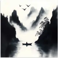 PosterMonkey Poster 50x50 cm - Roeiboot - Mistig - Bergen - Vogels - Posters - Kamer decoratie - Wanddecoratie woonkamer - Muurdecoratie slaapkamer
