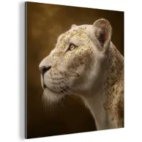 MuchoWow Aluminium schilderij 20x20 cm - Wanddecoratie metaal - Leeuwin - Bloemen - Wit - Goud - Metalen muurdecoratie woonkamer - Decoratie industrieel - Foto op dibond - Industriële accessoires slaapkamer