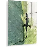 MuchoWow Glasschilderij 90x120 cm - Schilderij acrylglas - Hagedis - Blad - Nerven - Groen - Foto op glas - Muurdecoratie woonkamer - Wanddecoratie slaapkamer - Schilderijen