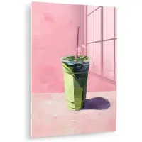 MuchoWow Glasschilderij 60x80 cm - Schilderij acrylglas - Beker - Rietje - Minimalistisch - Groen - Foto op glas - Muurdecoratie woonkamer - Wanddecoratie slaapkamer - Schilderijen
