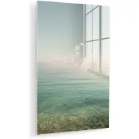 MuchoWow Glasschilderij 100x150 cm - Schilderij acrylglas - Zee - Horizon - Blauw - Mist - Foto op glas - Muurdecoratie woonkamer - Wanddecoratie slaapkamer - Schilderijen
