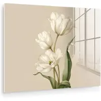 MuchoWow Glasschilderij 120x90 cm - Schilderij acrylglas - Tulpen - Wit - Bladeren - Foto op glas - Muurdecoratie woonkamer - Wanddecoratie slaapkamer - Schilderijen