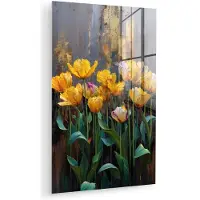 MuchoWow Glasschilderij 20x30 cm - Schilderij acrylglas - Tulpen - Geel - Penseelstreken - Abstract - Foto op glas - Muurdecoratie woonkamer - Wanddecoratie slaapkamer - Schilderijen