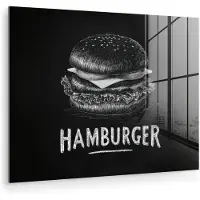 MuchoWow Glasschilderij 40x30 cm - Schilderij acrylglas - Hamburger - Krijttekst - Zwart - Wit - Foto op glas - Muurdecoratie woonkamer - Wanddecoratie slaapkamer - Schilderijen
