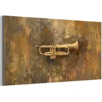 MuchoWow Aluminium schilderij 160x80 cm - Wanddecoratie metaal - Trompet - Geel - Muzikaal - Metalen muurdecoratie woonkamer - Decoratie industrieel - Foto op dibond - Industriële accessoires slaapkamer