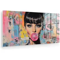 MuchoWow Glasschilderij 40x20 cm - Schilderij acrylglas - Kauwgom - Vrouw - Penseelstreken - Modern - Foto op glas - Muurdecoratie woonkamer - Wanddecoratie slaapkamer - Schilderijen