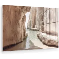 MuchoWow Glasschilderij 180x120 cm - Schilderij acrylglas - Rotsen - Zee - Zand - Kloof - Foto op glas - Muurdecoratie woonkamer - Wanddecoratie slaapkamer - Schilderijen