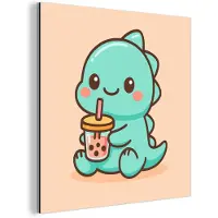 MuchoWow Aluminium schilderij 90x90 cm - Wanddecoratie metaal - Dino - Boba - kawaii - Oranje - Metalen muurdecoratie woonkamer - Decoratie industrieel - Foto op dibond - Industriële accessoires slaapkamer