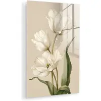 MuchoWow Glasschilderij 100x150 cm - Schilderij acrylglas - Tulpen - Wit - Bladeren - Foto op glas - Muurdecoratie woonkamer - Wanddecoratie slaapkamer - Schilderijen