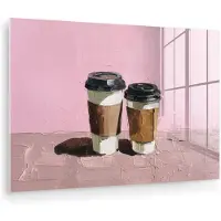 MuchoWow Glasschilderij 180x120 cm - Schilderij acrylglas - Koffiebekers - Deksel - Verf - Textuur - Foto op glas - Muurdecoratie woonkamer - Wanddecoratie slaapkamer - Schilderijen