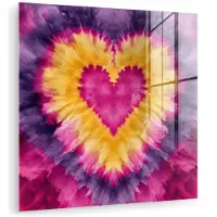 MuchoWow Glasschilderij 20x20 cm - Schilderij acrylglas - Tie dye - Hartvorm - Vlammen - Oranje - Foto op glas - Muurdecoratie woonkamer - Wanddecoratie slaapkamer - Schilderijen