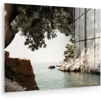 MuchoWow Glasschilderij 160x120 cm - Schilderij acrylglas - Rotsen - Zee - Boom - Groen - Foto op glas - Muurdecoratie woonkamer - Wanddecoratie slaapkamer - Schilderijen