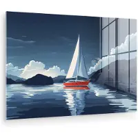 MuchoWow Glasschilderij 180x120 cm - Schilderij acrylglas - Zeilboot - Donkere bergen - Stilte - Foto op glas - Muurdecoratie woonkamer - Wanddecoratie slaapkamer - Schilderijen