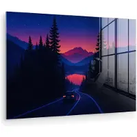 MuchoWow Glasschilderij 90x60 cm - Schilderij acrylglas - Auto - Donkere dennenbomen - Zonsondergang - Foto op glas - Muurdecoratie woonkamer - Wanddecoratie slaapkamer - Schilderijen