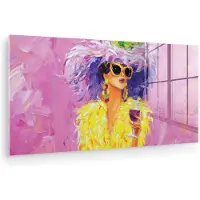 MuchoWow Glasschilderij 120x60 cm - Schilderij acrylglas - Zonnebril - Vrouw - Jas - Veren - Foto op glas - Muurdecoratie woonkamer - Wanddecoratie slaapkamer - Schilderijen