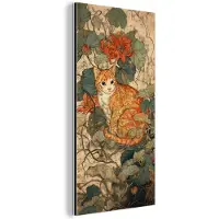 MuchoWow Aluminium schilderij 80x160 cm - Wanddecoratie metaal - Kat - Sierlijk - Bloemen - Metalen muurdecoratie woonkamer - Decoratie industrieel - Foto op dibond - Industriële accessoires slaapkamer