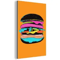 MuchoWow Aluminium schilderij 80x120 cm - Wanddecoratie metaal - Hamburger - Kleurrijk - Speels - Metalen muurdecoratie woonkamer - Decoratie industrieel - Foto op dibond - Industriële accessoires slaapkamer