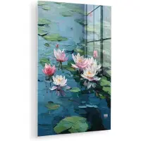 MuchoWow Glasschilderij 80x120 cm - Schilderij acrylglas - Waterlelies - Bloemen - Roze - Water - Foto op glas - Muurdecoratie woonkamer - Wanddecoratie slaapkamer - Schilderijen