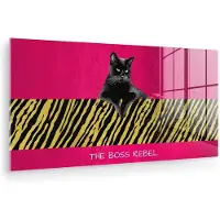 MuchoWow Glasschilderij 80x40 cm - Schilderij acrylglas - Kat - Baas - Roze - Tijgerprint - Foto op glas - Muurdecoratie woonkamer - Wanddecoratie slaapkamer - Schilderijen