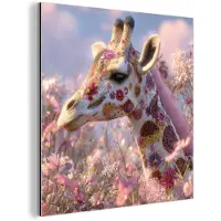 MuchoWow Aluminium schilderij 50x50 cm - Wanddecoratie metaal - Giraffe - Bloemen - Roze - Metalen muurdecoratie woonkamer - Decoratie industrieel - Foto op dibond - Industriële accessoires slaapkamer