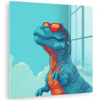MuchoWow Glasschilderij 50x50 cm - Schilderij acrylglas - T-Rex - Blauw - Wolken - Zonnebril - Foto op glas - Muurdecoratie woonkamer - Wanddecoratie slaapkamer - Schilderijen