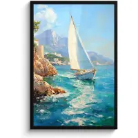 PosterMonkey Poster in lijst - Fotolijst 60x90 cm - Posters - Zeilboot - Rotsen - Kust - Huizen - Posterlijst zwart - Decoratie - Wanddecoratie woonkamer - Muurdecoratie slaapkamer