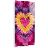 MuchoWow Glasschilderij 20x40 cm - Schilderij acrylglas - Tie dye - Hartvorm - Vlammen - Oranje - Foto op glas - Muurdecoratie woonkamer - Wanddecoratie slaapkamer - Schilderijen