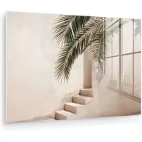 MuchoWow Glasschilderij 90x60 cm - Schilderij acrylglas - Palmboom - Schaduw - Trap - Beige - Foto op glas - Muurdecoratie woonkamer - Wanddecoratie slaapkamer - Schilderijen