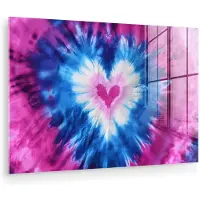 MuchoWow Glasschilderij 30x20 cm - Schilderij acrylglas - Hartvormig - Tie dye - Paars - Foto op glas - Muurdecoratie woonkamer - Wanddecoratie slaapkamer - Schilderijen