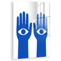 MuchoWow Glasschilderij 30x40 cm - Schilderij acrylglas - Handen - Twee - Ogen - Blauw - Foto op glas - Muurdecoratie woonkamer - Wanddecoratie slaapkamer - Schilderijen