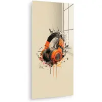 MuchoWow Glasschilderij 60x120 cm - Schilderij acrylglas - Koptelefoon - Oranje - Explosief - Foto op glas - Muurdecoratie woonkamer - Wanddecoratie slaapkamer - Schilderijen