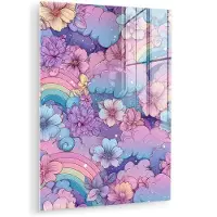 MuchoWow Glasschilderij 120x160 cm - Schilderij acrylglas - Regenbogen - Bloemen - Kleurrijk - Wolken - Foto op glas - Muurdecoratie woonkamer - Wanddecoratie slaapkamer - Schilderijen