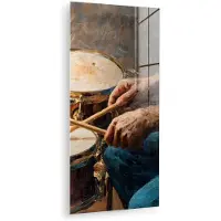 MuchoWow Glasschilderij 20x40 cm - Schilderij acrylglas - Drumstokken - Olieverf - Man - Foto op glas - Muurdecoratie woonkamer - Wanddecoratie slaapkamer - Schilderijen