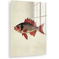 MuchoWow Glasschilderij 60x80 cm - Schilderij acrylglas - Schubben - Rood - Vis - Vinnen - Foto op glas - Muurdecoratie woonkamer - Wanddecoratie slaapkamer - Schilderijen