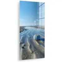 MuchoWow Glasschilderij 60x120 cm - Schilderij acrylglas - Strand - Schild - Water - Blauw - Foto op glas - Muurdecoratie woonkamer - Wanddecoratie slaapkamer - Schilderijen