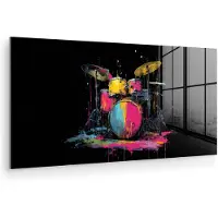 MuchoWow Glasschilderij 80x40 cm - Schilderij acrylglas - Drumstel - Kleurrijk - Verf - Levendig - Foto op glas - Muurdecoratie woonkamer - Wanddecoratie slaapkamer - Schilderijen