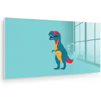 MuchoWow Glasschilderij 40x20 cm - Schilderij acrylglas - Dinosaurus - Blauw - Zonnebril - Foto op glas - Muurdecoratie woonkamer - Wanddecoratie slaapkamer - Schilderijen