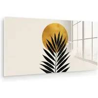 MuchoWow Glasschilderij 120x60 cm - Schilderij acrylglas - Zwart palmblad - Gouden cirkel - Beige achtergrond - Foto op glas - Muurdecoratie woonkamer - Wanddecoratie slaapkamer - Schilderijen