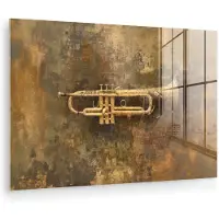 MuchoWow Glasschilderij 120x80 cm - Schilderij acrylglas - Trompet - Geel - Muzikaal - Foto op glas - Muurdecoratie woonkamer - Wanddecoratie slaapkamer - Schilderijen