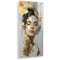 MuchoWow Glasschilderij 40x80 cm - Schilderij acrylglas - Sierlijk - Vrouw - Goud - Ogen - Foto op glas - Muurdecoratie woonkamer - Wanddecoratie slaapkamer - Schilderijen