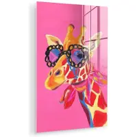 MuchoWow Glasschilderij 100x150 cm - Schilderij acrylglas - Giraf - Roze - Bril - Sjaal - Foto op glas - Muurdecoratie woonkamer - Wanddecoratie slaapkamer - Schilderijen