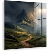 MuchoWow Glasschilderij 20x20 cm - Schilderij acrylglas - Bergen - Kronkelpad - Groen - Wolken - Foto op glas - Muurdecoratie woonkamer - Wanddecoratie slaapkamer - Schilderijen