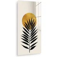 MuchoWow Glasschilderij 80x160 cm - Schilderij acrylglas - Zwart palmblad - Gouden cirkel - Beige achtergrond - Foto op glas - Muurdecoratie woonkamer - Wanddecoratie slaapkamer - Schilderijen