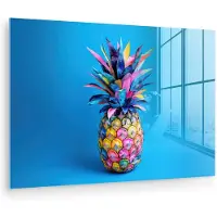 MuchoWow Glasschilderij 30x20 cm - Schilderij acrylglas - Ananas - Blauw - Tropisch - Vrolijk - Foto op glas - Muurdecoratie woonkamer - Wanddecoratie slaapkamer - Schilderijen