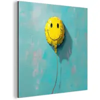 MuchoWow Aluminium schilderij 90x90 cm - Wanddecoratie metaal - Ballon - Geel - Smiley - Metalen muurdecoratie woonkamer - Decoratie industrieel - Foto op dibond - Industriële accessoires slaapkamer