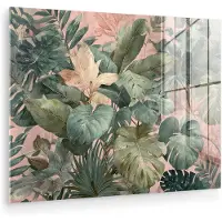 MuchoWow Glasschilderij 120x90 cm - Schilderij acrylglas - Compositie van bladeren - Groen - Roze - Foto op glas - Muurdecoratie woonkamer - Wanddecoratie slaapkamer - Schilderijen