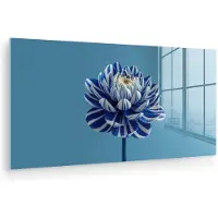 MuchoWow Glasschilderij 80x40 cm - Schilderij acrylglas - Bloem - Blauw - Bloemblaadjes - Streepjes - Foto op glas - Muurdecoratie woonkamer - Wanddecoratie slaapkamer - Schilderijen