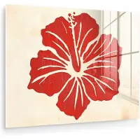 MuchoWow Glasschilderij 80x60 cm - Schilderij acrylglas - Rode hibiscusbloem - Textuur achtergrond - Beige - Foto op glas - Muurdecoratie woonkamer - Wanddecoratie slaapkamer - Schilderijen