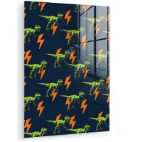 MuchoWow Glasschilderij 90x120 cm - Schilderij acrylglas - Bliksemschichten - Oranje - Dinosaurussen - Foto op glas - Muurdecoratie woonkamer - Wanddecoratie slaapkamer - Schilderijen